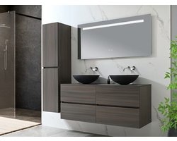 Haviklux Badkamermeubelset 130 cm - Tweepersoons - Zwarte waskommen - Donker hout decor - Incl. kranen