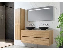 Haviklux Badkamermeubelset 130 cm - Tweepersoons - Zwarte waskommen - Licht hout decor - Incl. kranen