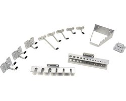 HBM 12-delige ophanghaken en opbergrekken voor gereedschapswand en modulair werkplaats systeem, 8 haken, 1 hangbak, 38 mm afstan