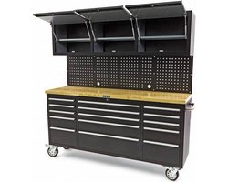 HBM 182 cm Werkbank met Kastenwand en Houten Blad Zwart