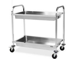 HCB® - Professionele Horeca Serveerwagen op wieltjes - 2 bakken - RVS / INOX keuken trolley - Serveerkar - Roltafel - keukentrolley industrieel - 50x95x94 cm (DxBxH) - 15 kg - 8665