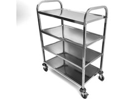 HCB® - Professionele Horeca Serveerwagen op wieltjes - 4 lagen - RVS / INOX keuken trolley - Serveerkar - Roltafel - keukentrolley industrieel - 50x95x125 cm (DxBxH) - 15 kg - 8667
