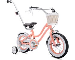 Heart Bike Fiets voor een meisje van 2 tot 4 jaar, 12 inch Abrikoos, met fietsbel, zijwieltjes, duwstang en stuurmandje