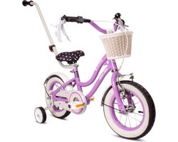 Heart Bike Fiets voor een meisje van 2 tot 4 jaar, 12 inch Paars, met Duwstang, Mand, Bel