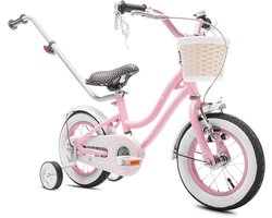 Heart Bike Fiets voor een meisje van 2 tot 4 jaar, 12 inch Roze, met fietsbel, zijwieltjes, duwstang en stuurmandje