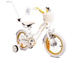 Heart Bike Fiets voor een meisje van 3 tot 5 jaar, 14 inch Wit Goud, met fietsbel, zijwieltjes, duwstang en stuurmandje