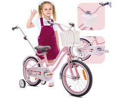 Heart Bike Fiets voor een meisje van 4 tot 6 jaar, 16 inch Roze, met fietsbel, zijwieltjes, duwstang en stuurmandje