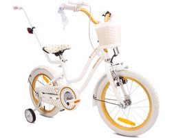 Heart Bike Fiets voor een meisje van 4 tot 6 jaar, 16 inch Wit Goud, met fietsbel, zijwieltjes, duwstang en stuurmandje