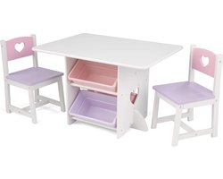 Heart, set van houten tafel met 2 stoelen en opbergbakken, meubels voor de kinderslaapkamer of speelkamer, wit met pastelkleuren