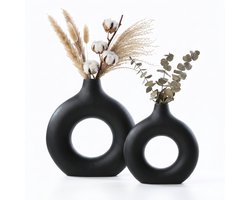 Hearyoo Keramische Vazen 2 Stuks – Modern Mat Design – Rond Droogbloemenhouder – Woondecoratie & Geschenkidee
