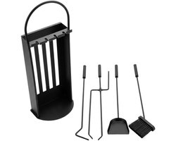HEAT Fyrset Haardgereedschapset - 5-delig - Inclusief Ronde Houder - Carbon Staal - Mat Zwart - Voor Binnen & Buiten