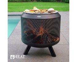 HEAT Outdoor Living Trommelpot Vuurkorf met Grillrooster op Pootjes - Zwart Staal voor Buiten met Barbecue Grill - 50x50x60 cm