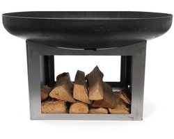 HEAT Outdoor Living Vuurschaal Fresvik Ø80 cm - Staal met Houtopslag & Vierkante Voet - Modern Design - 80x80x50 cm