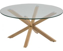 Heat salontafel Ø82 cm, blad in helder glas en onderstel in metaal met eiken folie.