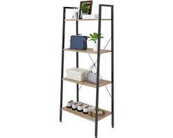 Heavy Duty 4-Tier Ladder Boekenkast met Zwart Metalen Frame en Licht Eiken Houten Planken - 60x35x148CM
