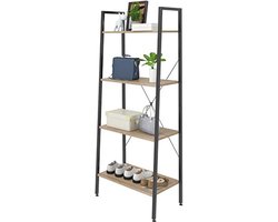 Heavy Duty 4-Tier Ladder Boekenkast met Zwart Metalen Frame en Licht Eiken Houten Planken - 60x35x148CM