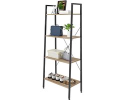 Heavy Duty 4-Tier Ladder Boekenkast met Zwart Metalen Frame en Licht Eiken Houten Planken - 60x35x148CM