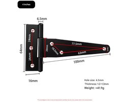 Heavy duty t-scharnier scharnier schutting barndoor vouwbaar zwart lang 1-woord scharnier, 2 stuks, 4 inch zwart