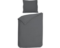 Heckettlane Dekbedovertrek Banda - Bedlinnen met Strepen - 140x200-220 cm - Eenpersoons - Antraciet - Dekbedovertrek van 100% Katoen-Satijn