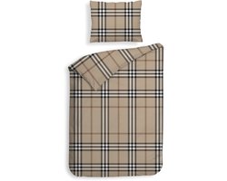 Heckettlane Dekbedovertrek Leonardo - Bedlinnen met Ruiten print - 140x220 - Beige - Dekbedhoes van 100% Katoen-Flanel