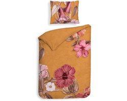 Heckettlane Dekbedovertrek Malu - Dekbed met instopstrook - Oranje - Dekbedovertrek van 100% Katoen-Satijn - Bloemen - 140x200-220 cm + 1 sloop 60/70 cm