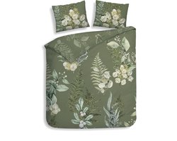 Heckettlane Dekbedovertrek Nathan - Bedlinnen met Bladeren print - 260x220 - Groen - Dekbedhoes van 100% Katoen-Twill