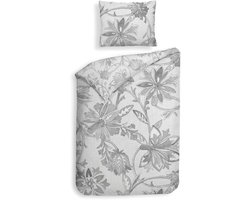 Heckettlane Dekbedovertrek Neva - Dekbed met instopstrook - Grijs - Dekbedovertrek van 100% Katoen-Satijn - Bloemen - 140x200-220 cm + 1 sloop 60/70 cm - Yukon