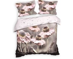 Heckettlane Dekbedovertrek Zalia - Bedlinnen met Bloemen print - 240x220 - Grijs - Dekbedhoes van 100% Katoen-Satijn