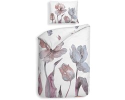 Heckettlane Dekbedovertrek Zeljko - Bedlinnen met Bloemen print - 140x220 - Wit - Dekbedhoes van 100% Katoen-Satijn