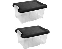 Hega Hogar Opberg box/opbergdoos - 6x - 5 liter - 30 x 20 x 14 cm - gerecycled kunststof - Opslagbox - Opbergbak - transparant/zwart