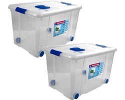Hega Hogar opbergbox met deksel en wieltjes - 2x - 55L - kunststof - transparant - 59 x 40 x 35 cm