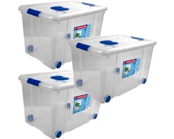 Hega Hogar opbergbox met deksel en wieltjes - 3x - 55L - kunststof - transparant - 59 x 40 x 35 cm