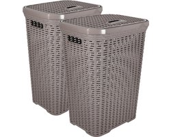 Hega Hogar Wasmand met deksel Rotan - 2x - taupe - gevlochten kunststof - 60 liter - 34 x 43 x 62 cm