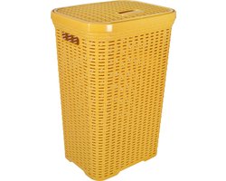 Hega Hogar Wasmand met deksel Rotan - okergeel - gevlochten kunststof - 60 liter - 34 x 43 x 62 cm
