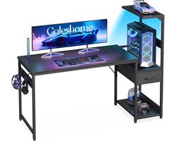Heidat game bureau - L-vormig gaming tafel - Led verlichting - 10 kleuren - Carbon fiber black - Laden en opbergruimte - 138 x 48 cm