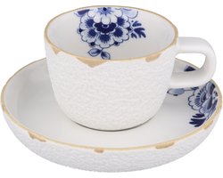 Heinen Delfts Blauw - Cappuccinokop en Schotel Blauw Bloesem - Porselein - 170 ml