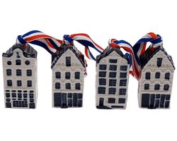 Heinen Delfts Blauw huisjes - Kerstornament grachtenpandjes - 5 cm - set van 4