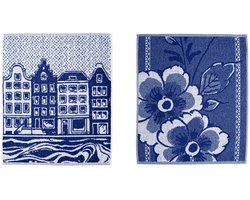 Heinen Delfts Blauw set van 2 keukendoeken theedoeken Bloem en Amsterdamse grachtenpandjes huisjes Katoen 50 x 55 cm