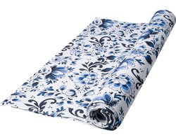 Heinen Delfts Blauw - Tafelloper Bloemen - Wit - Katoen - 150 x 50 cm