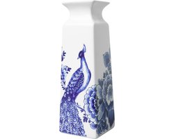 Heinen Delfts Blauw - Vierkante vaas 'Bloem en pauw' (Groot)