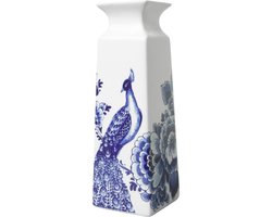 Heinen Delfts Blauw - Vierkante vaas 'Bloem en pauw' (Klein)