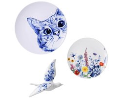 Heinen Delfts Blauw - Wanddecoratie set Kat & Vogel - Keramiek - Set van 3