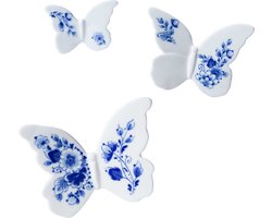 Heinen Delfts Blauw - Wanddecoratie Vlinder - Set van 3 - Keramiek - Delfts blauw