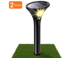 HEKO Solar® Tuinverlichting Grondo - 2 Stuks - Solar Tuinverlichting Op Zonne energie - Buitenlamp Met Bewegingssensor - Tuinlamp - Tuinspot - Dag nacht sensor - Schijnwerper - Met Grondspies - Warm Wit Licht