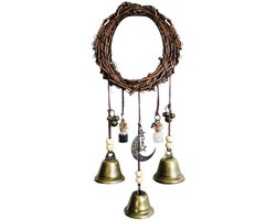 Heksenbel Windgong voor Thuisdeur - Handgemaakte Heksenbellen - Bescherming en Sfeer - Klokken en Windgong Krans - Hangend DecoratieItem met Heksenthema - 16 x 15 x 4 cm