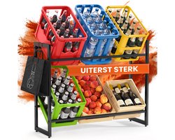 Heldenwunder Krattenrek (6 Kratten) Metalen Sixpack-houder, 2 haken – Opbergrek Drankenkistenrek Vrijstaand Hoogteverstelbaar + Video-instructie - Kistenrek Kistenhouder Bierkistenrek Flessenrek Stellingkast – Zwart