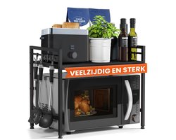 Heldenwunder Magnetronrek Keukenrek staand staal (2-laags) - Magnetron Rek Magnetronkast - Voorraadrek Bakkersrek in hoogte en lengte verstelbare plank + Video-instructie, haken – Zwart