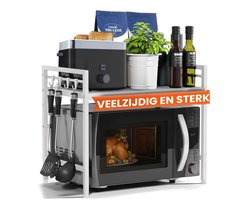 Heldenwunder Magnetronrek Keukenrek staand staal (2-laags) - Magnetron Rek Magnetronkast - Voorraadrek Bakkersrek in hoogte en lengte verstelbare plank + Video-instructie, haken – Wit