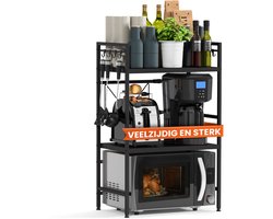 Heldenwunder Magnetronrek Keukenrek staand staal (3-laags) - Magnetron Rek Magnetronkast - Voorraadrek Bakkersrek in hoogte en lengte verstelbare plank + Video-instructie, haken – Zwart