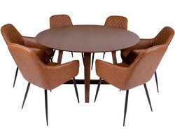 Hello eethoek , 1 eetkamertafel en 6 eetkamerstoelen, bruin en walnoot decor.
